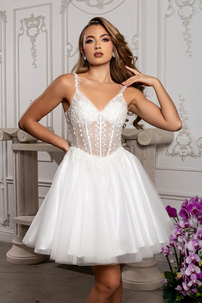 Beaded Floral Embroidered Illusion Corset Glitter Tulle Flared Short Dress by May Queen MQ2231