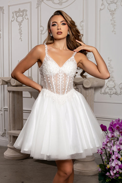 Beaded Floral Embroidered Illusion Corset Glitter Tulle Flared Short Dress by May Queen MQ2231