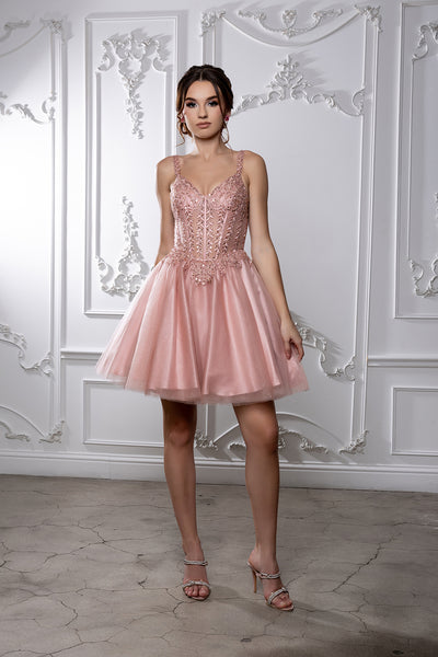 Beaded Floral Embroidered Illusion Corset Glitter Tulle Flared Short Dress by May Queen MQ2231