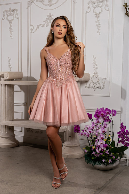 Beaded Floral Embroidered Illusion Corset Glitter Tulle Flared Short Dress by May Queen MQ2231