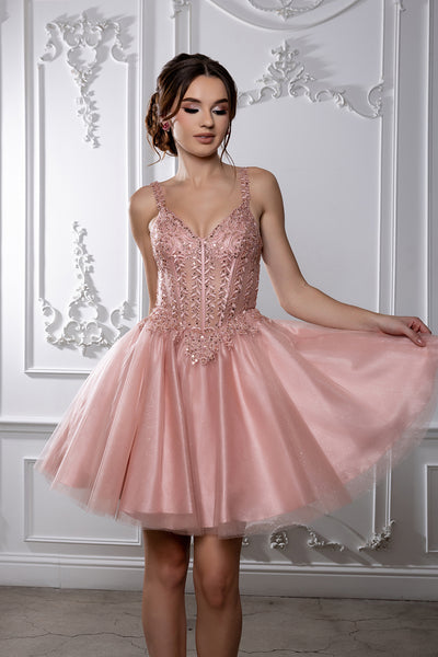Beaded Floral Embroidered Illusion Corset Glitter Tulle Flared Short Dress by May Queen MQ2231