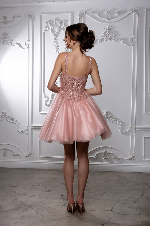 Beaded Floral Embroidered Illusion Corset Glitter Tulle Flared Short Dress by May Queen MQ2231
