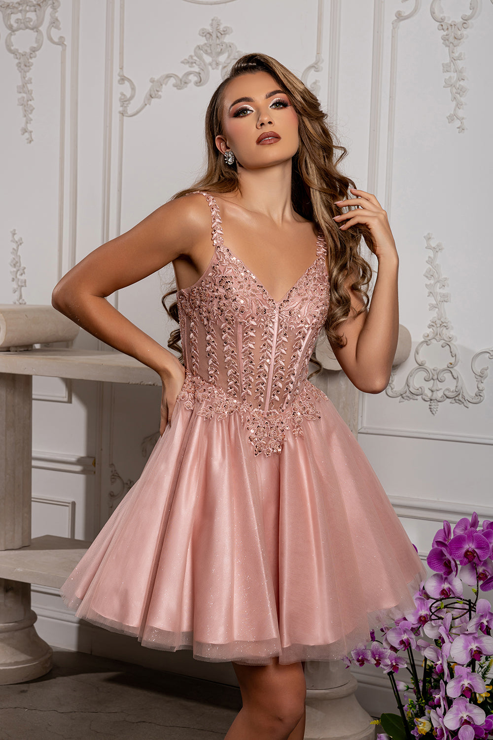 Beaded Floral Embroidered Illusion Corset Glitter Tulle Flared Short Dress by May Queen MQ2231