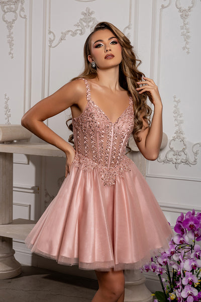 Beaded Floral Embroidered Illusion Corset Glitter Tulle Flared Short Dress by May Queen MQ2231