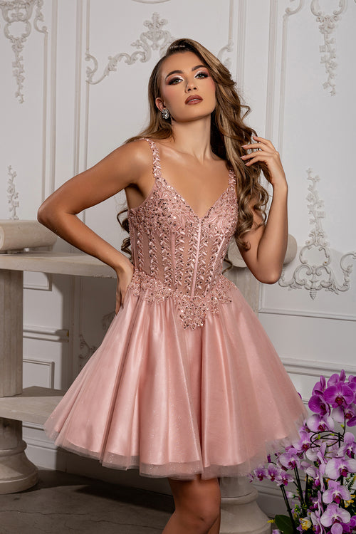 Beaded Floral Embroidered Illusion Corset Glitter Tulle Flared Short Dress by May Queen MQ2231