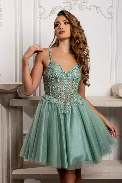 Beaded Floral Embroidered Illusion Corset Glitter Tulle Flared Short Dress by May Queen MQ2231