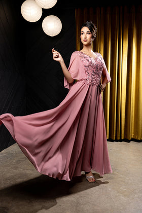 Flutter Angel Cape Sleeve Beaded Lace Appliqué Chiffon Mother of the Bride Gown by May Queen MQ2233