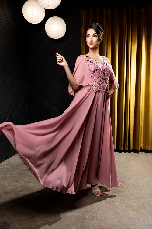 Flutter Angel Cape Sleeve Beaded Lace Appliqué Chiffon Mother of the Bride Gown by May Queen MQ2233