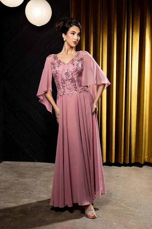 Flutter Angel Cape Sleeve Beaded Lace Appliqué Chiffon Mother of the Bride Gown by May Queen MQ2233