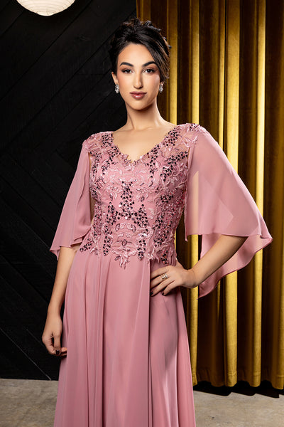 Flutter Angel Cape Sleeve Beaded Lace Appliqué Chiffon Mother of the Bride Gown by May Queen MQ2233