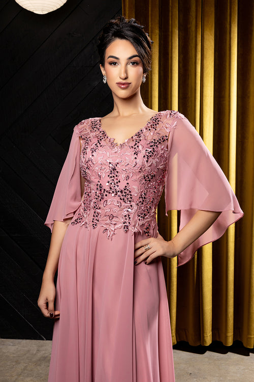 Flutter Angel Cape Sleeve Beaded Lace Appliqué Chiffon Mother of the Bride Gown by May Queen MQ2233