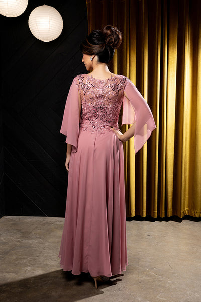 Flutter Angel Cape Sleeve Beaded Lace Appliqué Chiffon Mother of the Bride Gown by May Queen MQ2233
