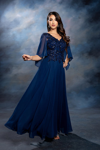 Flutter Angel Cape Sleeve Beaded Lace Appliqué Chiffon Mother of the Bride Gown by May Queen MQ2233