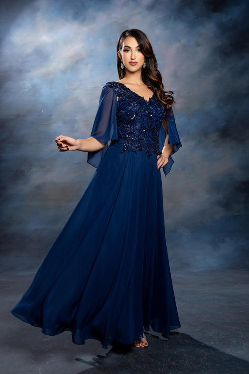 Flutter Angel Cape Sleeve Beaded Lace Appliqué Chiffon Mother of the Bride Gown by May Queen MQ2233