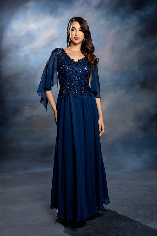 May Queen NAVY Chiffon Skirt with Beaded Sequin Lace Appliqué Illusion Mesh Bodice Column Mother of the Bride Dress