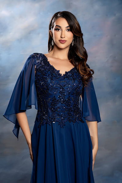 Flutter Angel Cape Sleeve Beaded Lace Appliqué Chiffon Mother of the Bride Gown by May Queen MQ2233