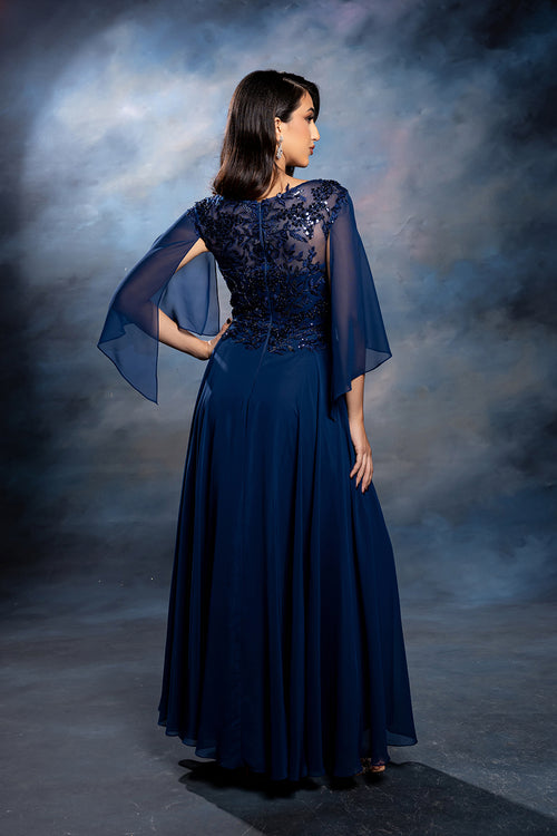 Flutter Angel Cape Sleeve Beaded Lace Appliqué Chiffon Mother of the Bride Gown by May Queen MQ2233