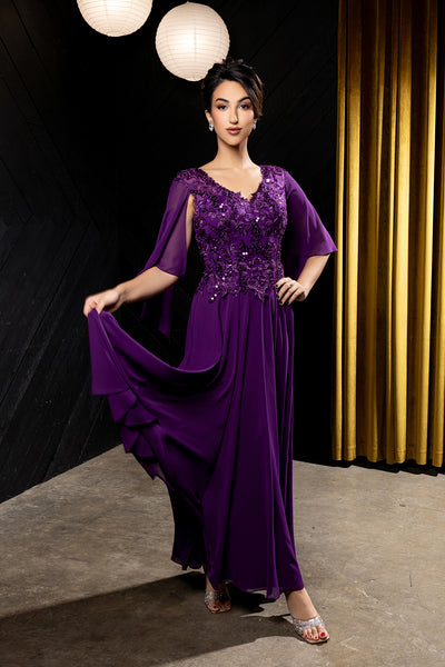 Flutter Angel Cape Sleeve Beaded Lace Appliqué Chiffon Mother of the Bride Gown by May Queen MQ2233