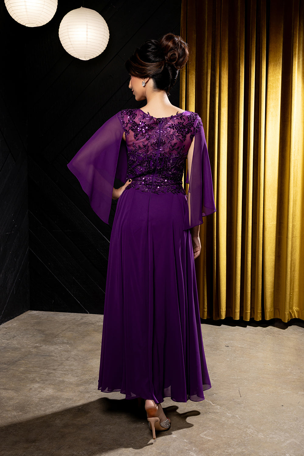 Flutter Angel Cape Sleeve Beaded Lace Appliqué Chiffon Mother of the Bride Gown by May Queen MQ2233