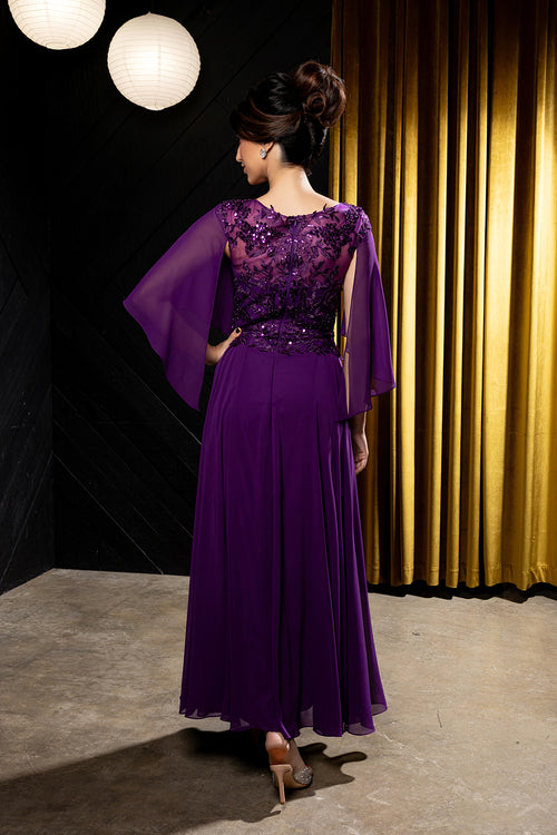 Flutter Angel Cape Sleeve Beaded Lace Appliqué Chiffon Mother of the Bride Gown by May Queen MQ2233