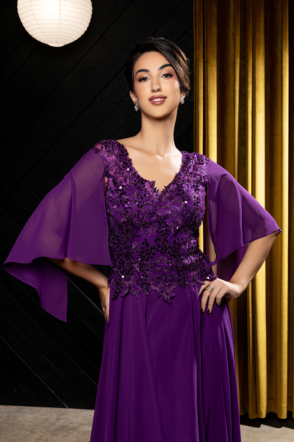 Flutter Angel Cape Sleeve Beaded Lace Appliqué Chiffon Mother of the Bride Gown by May Queen MQ2233
