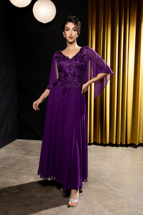Flutter Angel Cape Sleeve Beaded Lace Appliqué Chiffon Mother of the Bride Gown by May Queen MQ2233