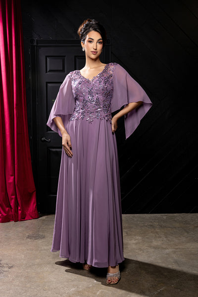Flutter Angel Cape Sleeve Beaded Lace Appliqué Chiffon Mother of the Bride Gown by May Queen MQ2233