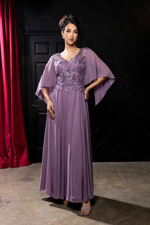 Flutter Angel Cape Sleeve Beaded Lace Appliqué Chiffon Mother of the Bride Gown by May Queen MQ2233