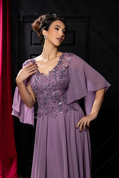 Flutter Angel Cape Sleeve Beaded Lace Appliqué Chiffon Mother of the Bride Gown by May Queen MQ2233