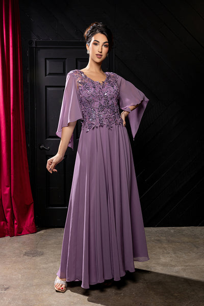 Flutter Angel Cape Sleeve Beaded Lace Appliqué Chiffon Mother of the Bride Gown by May Queen MQ2233