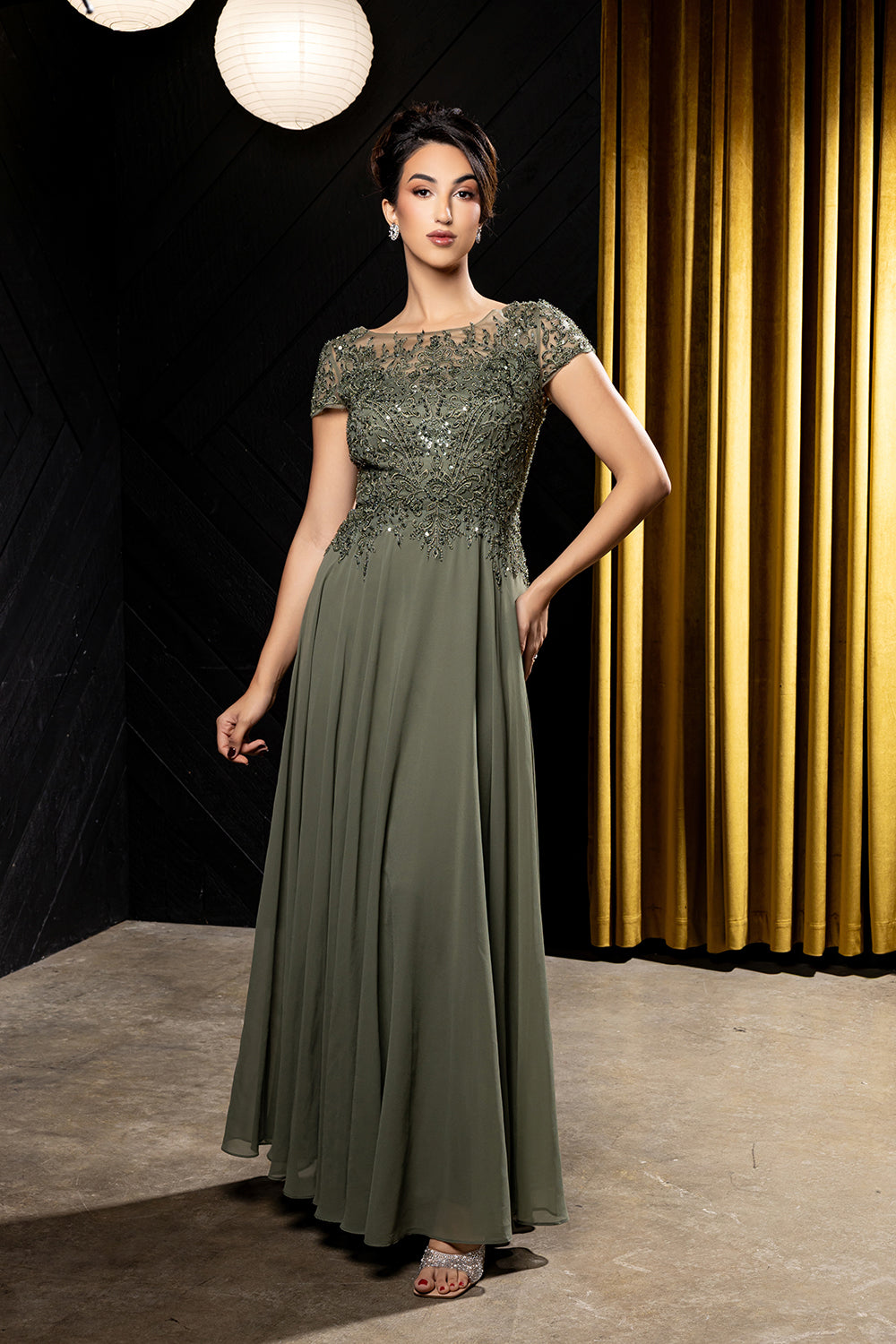 Bateau Neck Sequin Lace Appliqué Illusion Back A-Line Mother of the Bride Gown by May Queen MQ2239