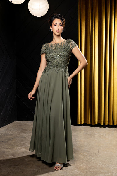 Bateau Neck Sequin Lace Appliqué Illusion Back A-Line Mother of the Bride Gown by May Queen MQ2239