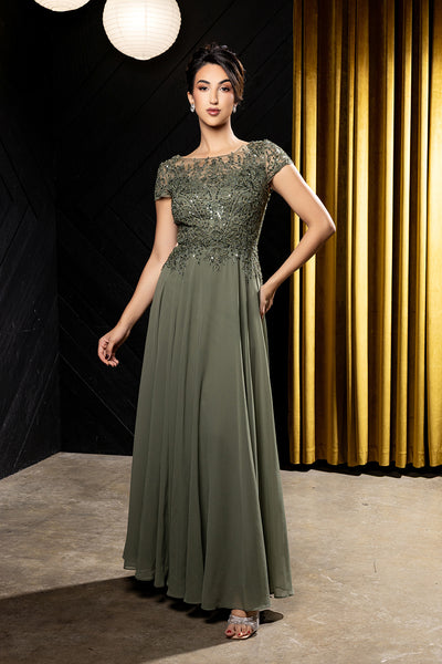 Bateau Neck Sequin Lace Appliqué Illusion Back A-Line Mother of the Bride Gown by May Queen MQ2239