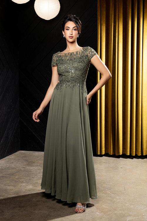 Bateau Neck Sequin Lace Appliqué Illusion Back A-Line Mother of the Bride Gown by May Queen MQ2239
