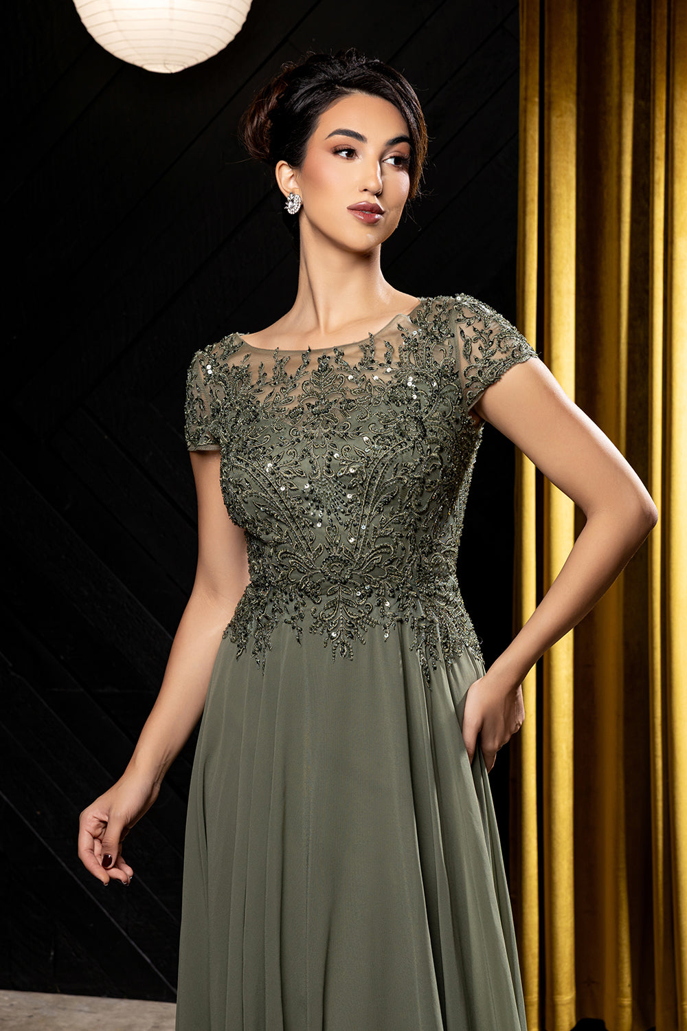 Bateau Neck Sequin Lace Appliqué Illusion Back A-Line Mother of the Bride Gown by May Queen MQ2239