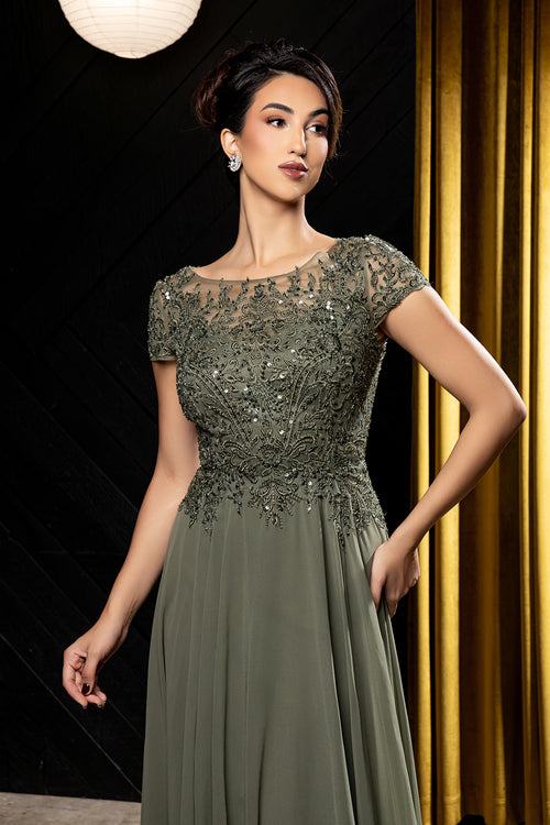 Bateau Neck Sequin Lace Appliqué Illusion Back A-Line Mother of the Bride Gown by May Queen MQ2239