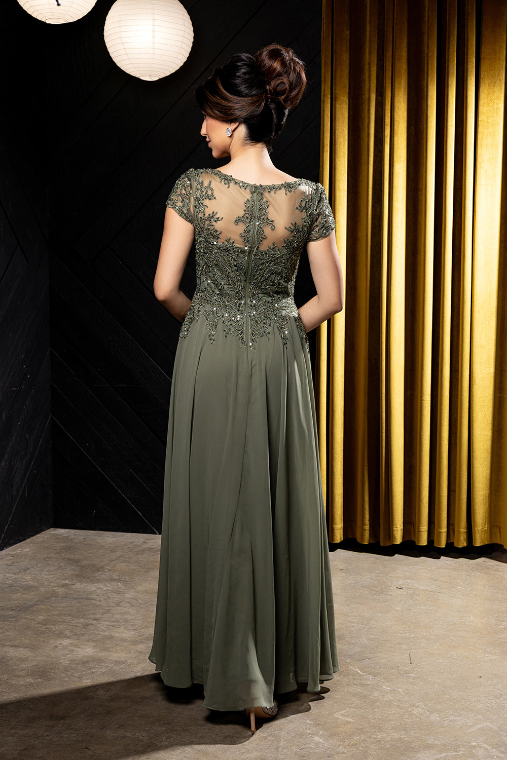 Bateau Neck Sequin Lace Appliqué Illusion Back A-Line Mother of the Bride Gown by May Queen MQ2239