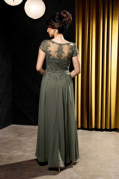 Bateau Neck Sequin Lace Appliqué Illusion Back A-Line Mother of the Bride Gown by May Queen MQ2239