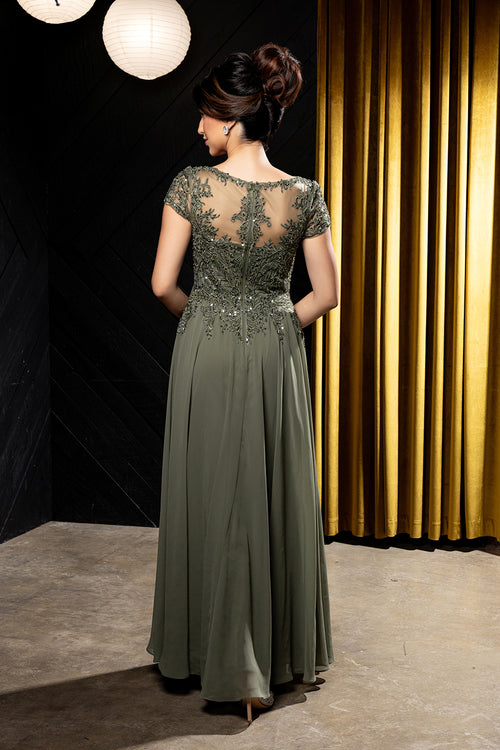 Bateau Neck Sequin Lace Appliqué Illusion Back A-Line Mother of the Bride Gown by May Queen MQ2239