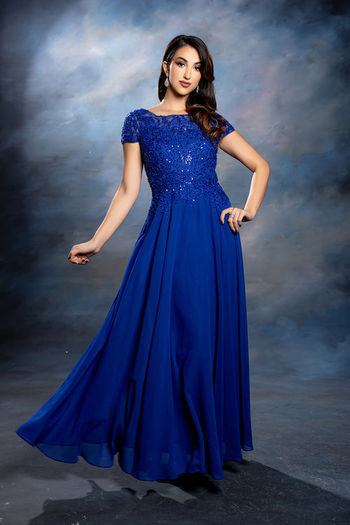Bateau Neck Sequin Lace Appliqué Illusion Back A-Line Mother of the Bride Gown by May Queen MQ2239