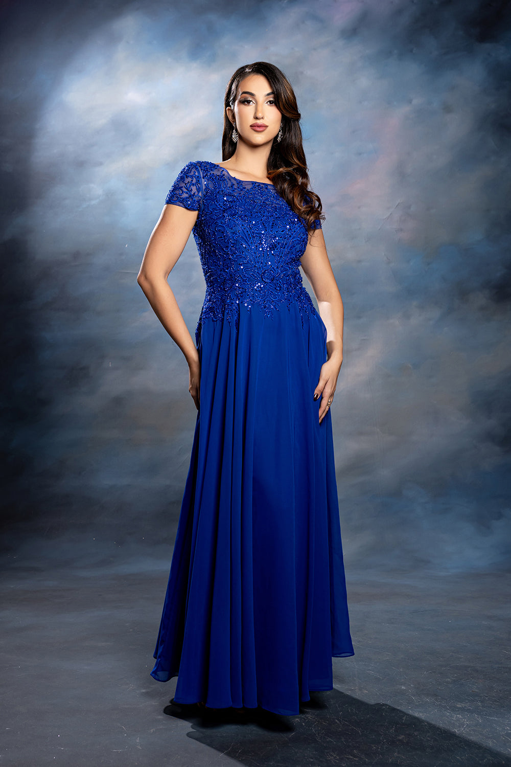 Bateau Neck Sequin Lace Appliqué Illusion Back A-Line Mother of the Bride Gown by May Queen MQ2239
