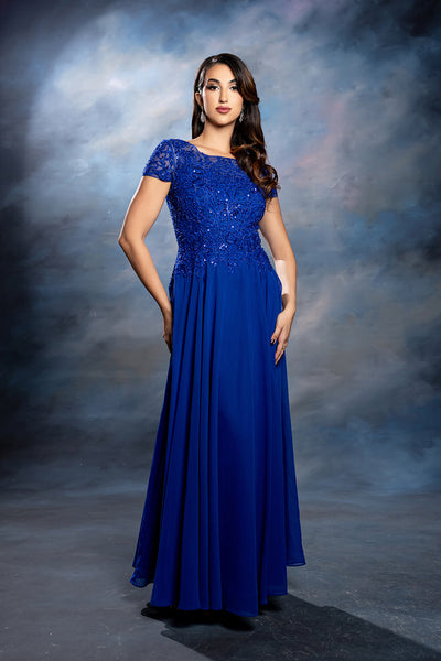 Bateau Neck Sequin Lace Appliqué Illusion Back A-Line Mother of the Bride Gown by May Queen MQ2239