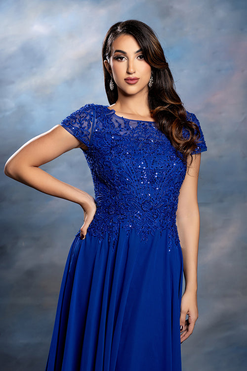 Bateau Neck Sequin Lace Appliqué Illusion Back A-Line Mother of the Bride Gown by May Queen MQ2239
