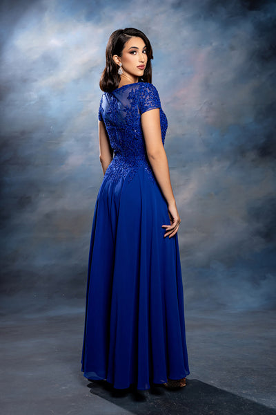 Bateau Neck Sequin Lace Appliqué Illusion Back A-Line Mother of the Bride Gown by May Queen MQ2239