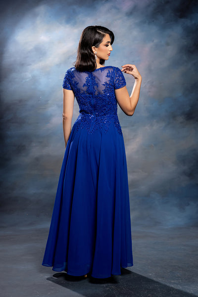 Bateau Neck Sequin Lace Appliqué Illusion Back A-Line Mother of the Bride Gown by May Queen MQ2239