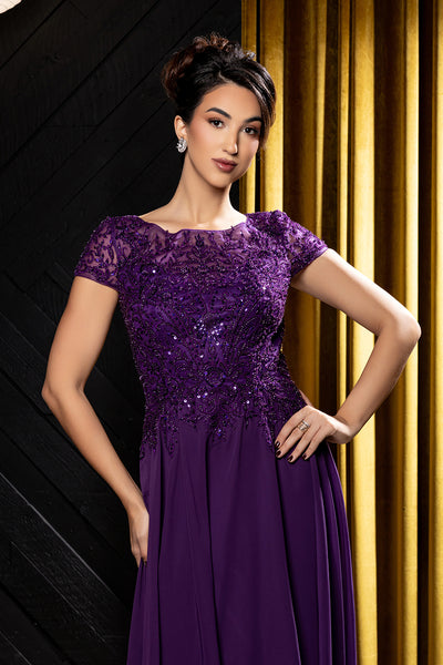 Bateau Neck Sequin Lace Appliqué Illusion Back A-Line Mother of the Bride Gown by May Queen MQ2239