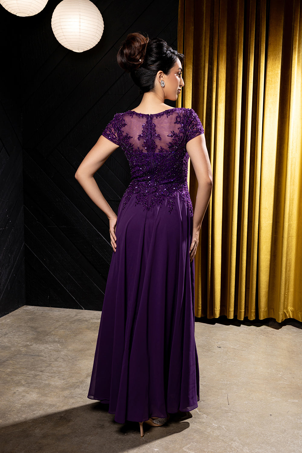 Bateau Neck Sequin Lace Appliqué Illusion Back A-Line Mother of the Bride Gown by May Queen MQ2239
