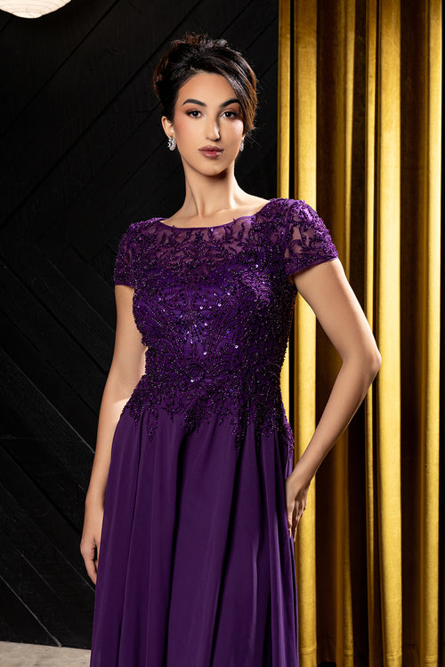 Bateau Neck Sequin Lace Appliqué Illusion Back A-Line Mother of the Bride Gown by May Queen MQ2239