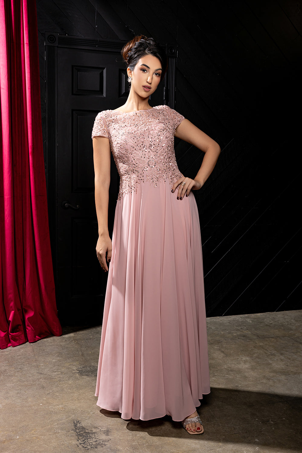 Bateau Neck Sequin Lace Appliqué Illusion Back A-Line Mother of the Bride Gown by May Queen MQ2239