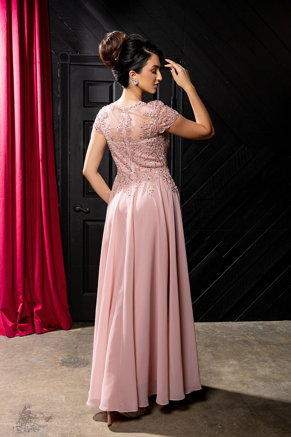 Bateau Neck Sequin Lace Appliqué Illusion Back A-Line Mother of the Bride Gown by May Queen MQ2239